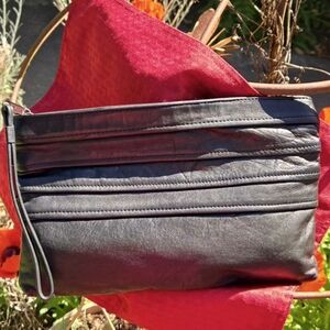 Vintage TONI Large black Leather Clutch Wristlet EUC